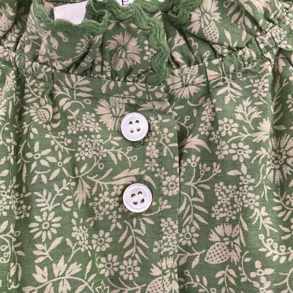 Doen Green Floral Button Front Ruffle Trim Short Sleeve Dauphine Blouse XS - Picture 7 of 12